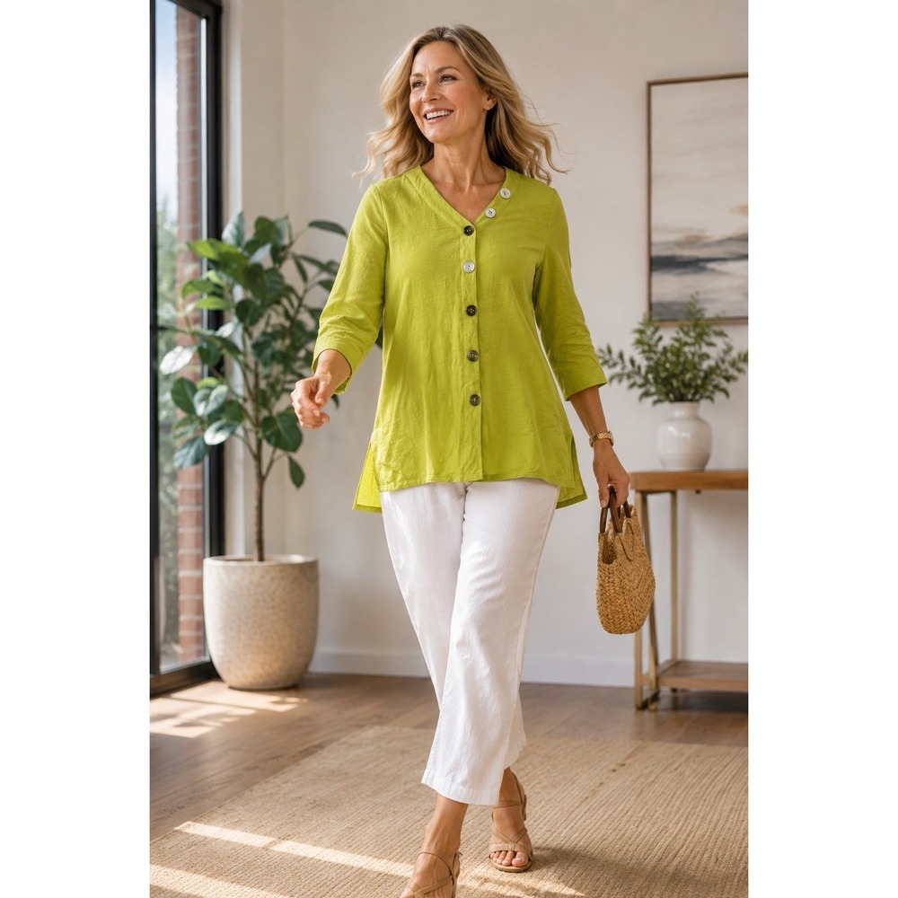 Onque Casual Button Up Top Womens Medium Lime Green Good 3/4 Sleeve Slub